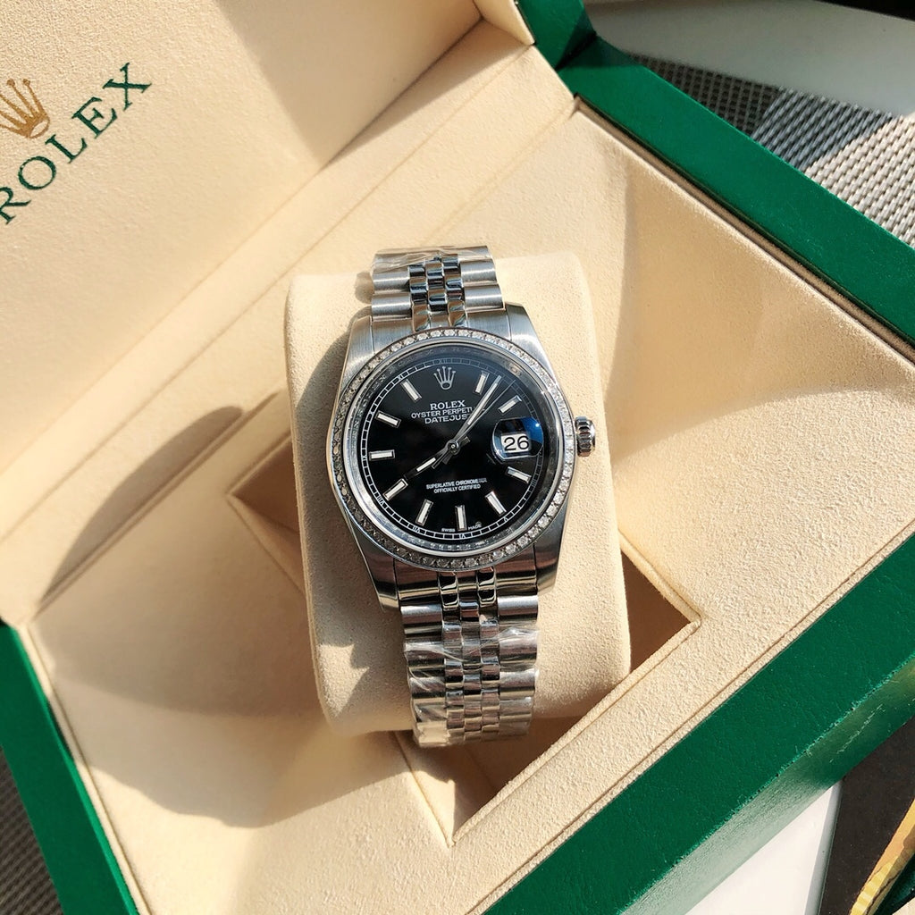 롤렉스 오이스터 퍼페츄얼 데이트저스트 36 브라이트 블랙 다이얼 다이아몬드 세팅 베젤 쥬빌리 브레슬릿