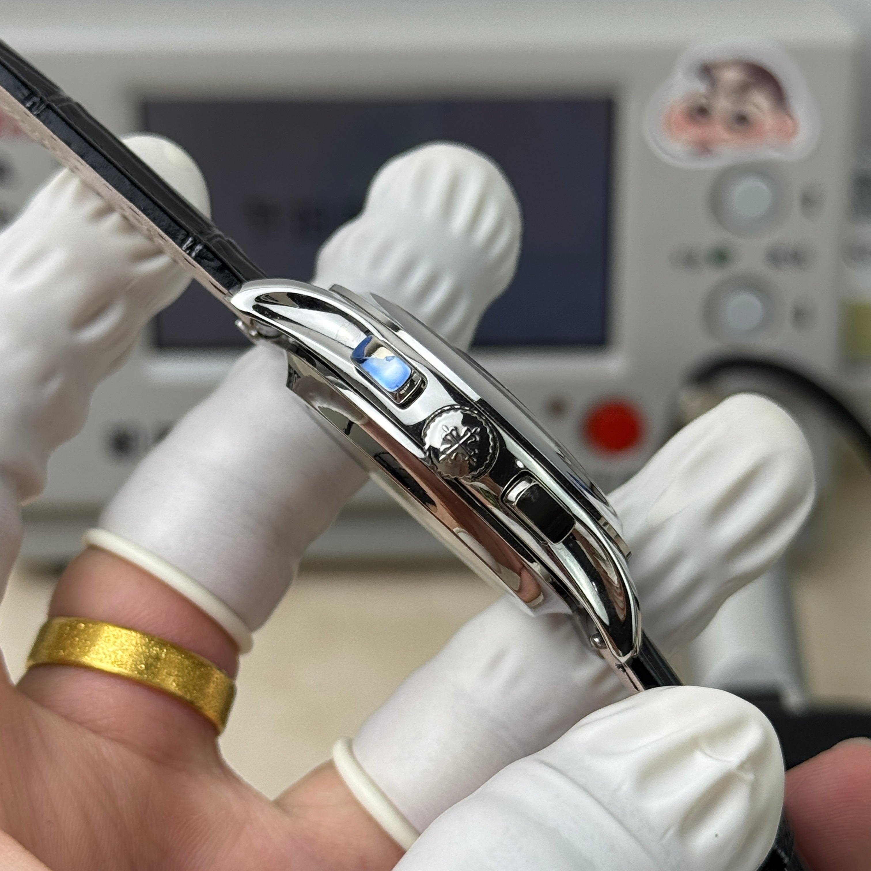 파텍필립 애뉴얼 캘린더 크로노그래프 화이트골드 실버 다이얼 블랙 악어가죽 스트랩