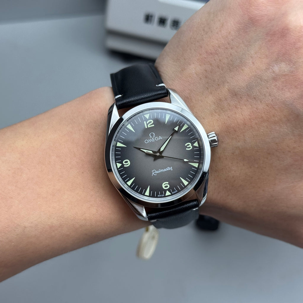 오메가 씨마스터 레일마스터 그레이 다이얼 38mm 가죽 스트랩