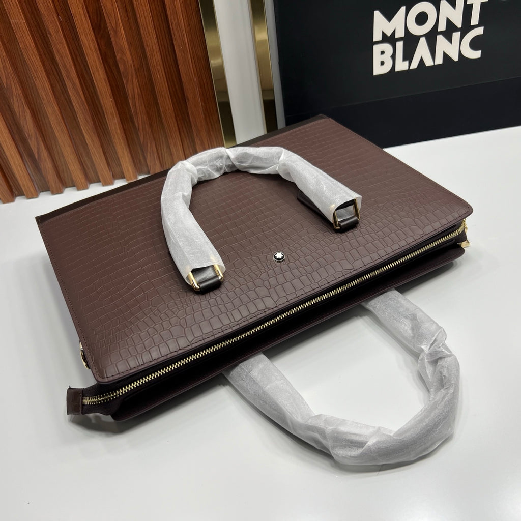 몽블랑 브라운 악어 엠보 가죽 서류가방 미디엄 브리프케이스