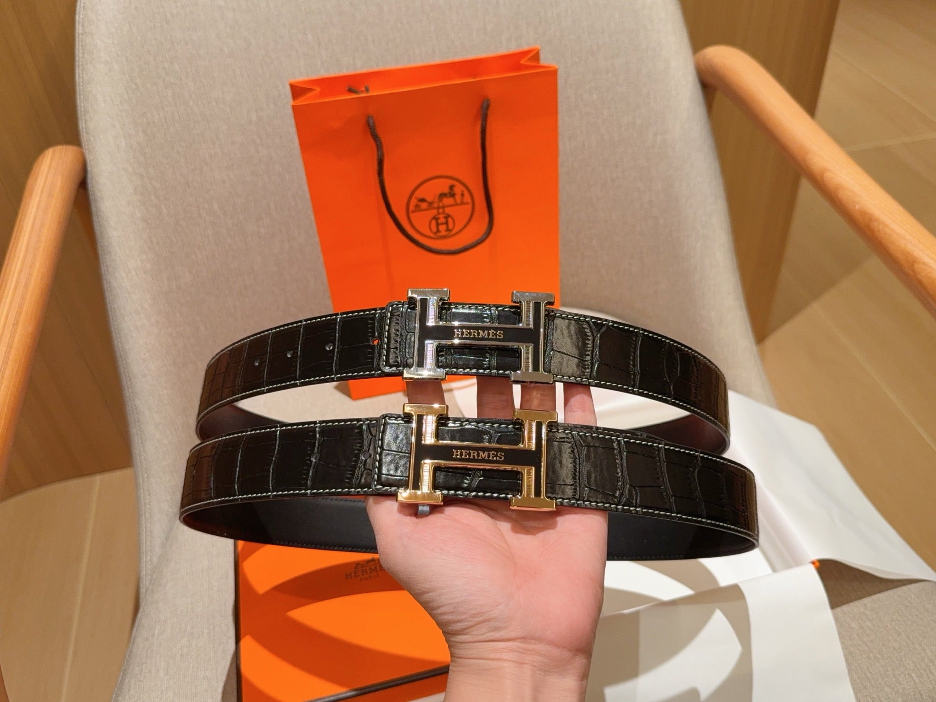 에르메스 콘스탄스 블랙 폴로사스 크로커다일 레더 H 버클 벨트 2color