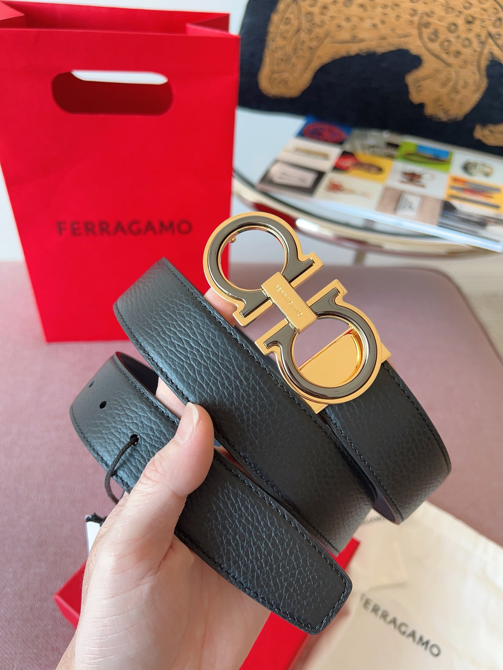 페라가모 블랙 리버시블 간치니 벨트 3.5cm 금장