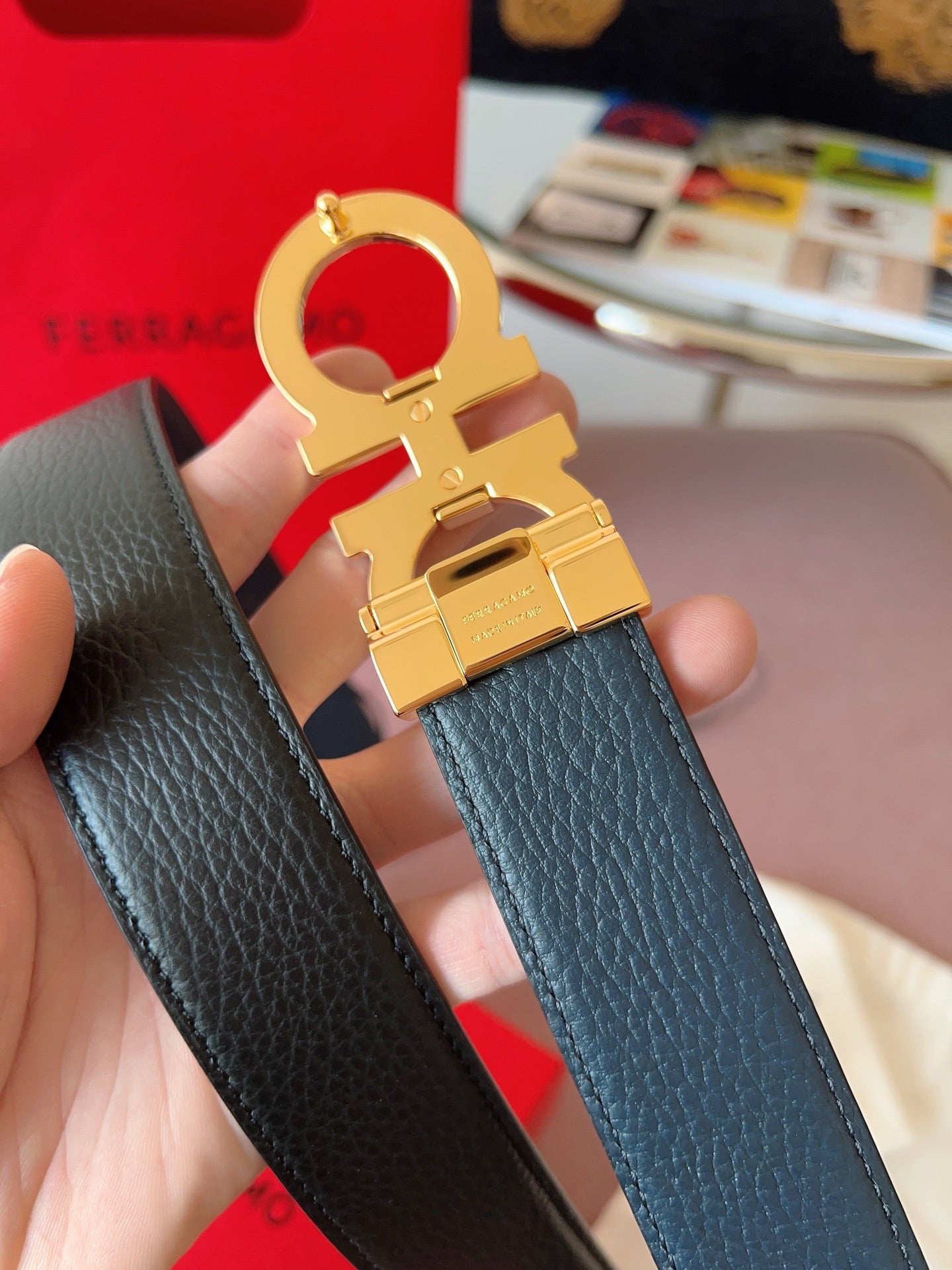 페라가모 블랙 리버시블 간치니 벨트 3.5cm 금장