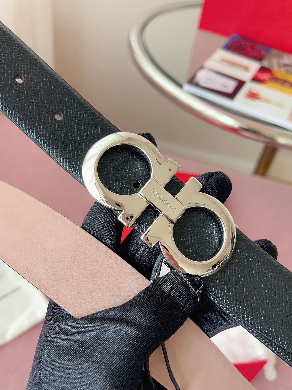 페라가모 블랙 리버서블 더블 간치니 벨트 3.5cm 간치니