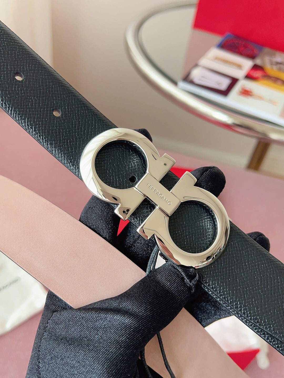 페라가모 블랙 리버서블 더블 간치니 벨트 3.5cm 간치니