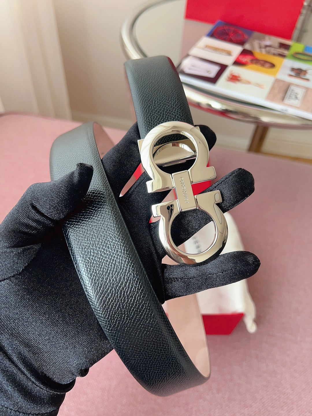 페라가모 블랙 리버서블 더블 간치니 벨트 3.5cm 간치니