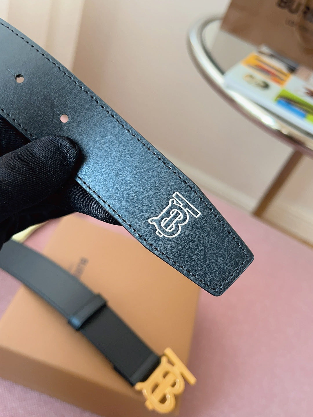 버버리 블랙 리버시블 레더 TB 벨트 3.5cm 금장
