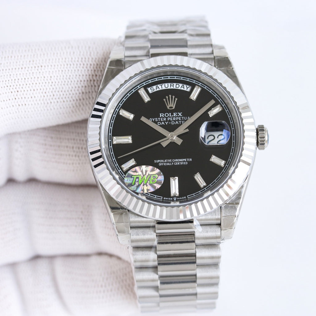 롤렉스 블랙 바게트 다이아몬드 화이트 골드 데이데이트 40mm