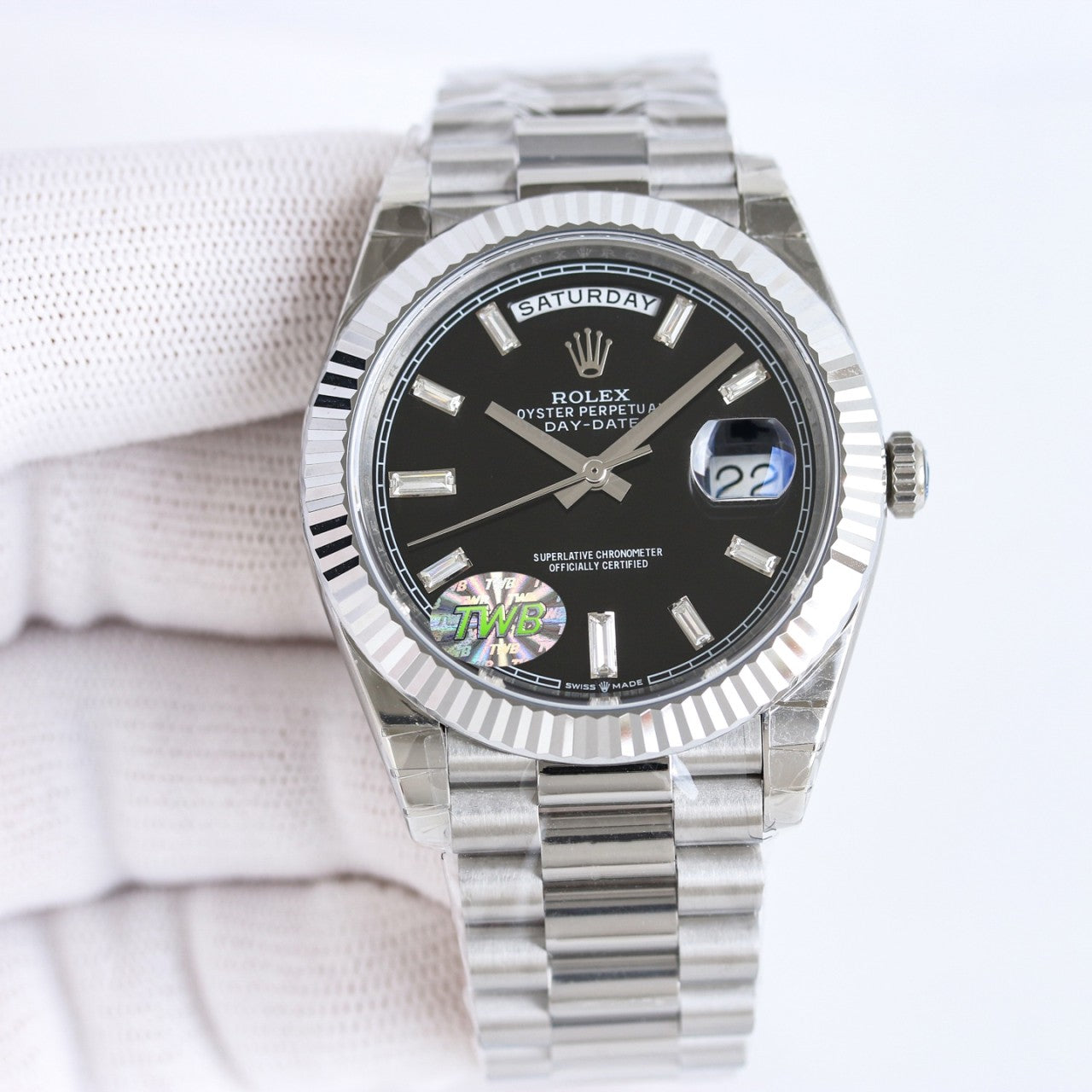 롤렉스 블랙 바게트 다이아몬드 화이트 골드 데이데이트 40mm