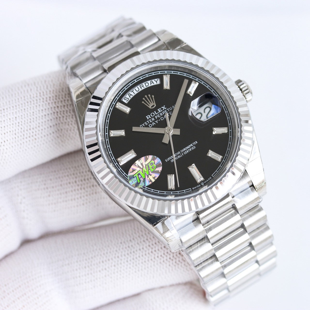 롤렉스 블랙 바게트 다이아몬드 화이트 골드 데이데이트 40mm