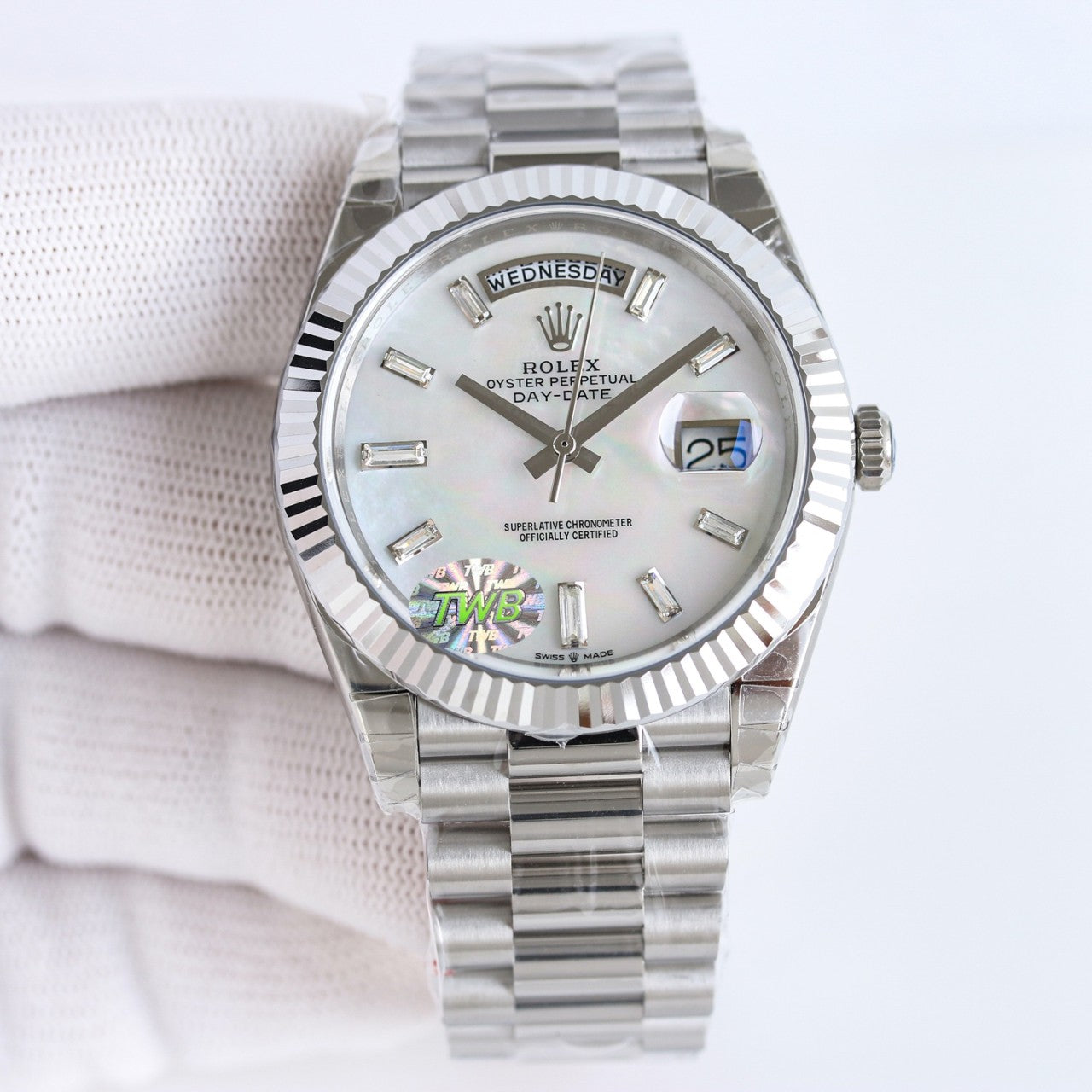 롤렉스 화이트 진주자개 바게트 다이아몬드 데이데이트 40mm
