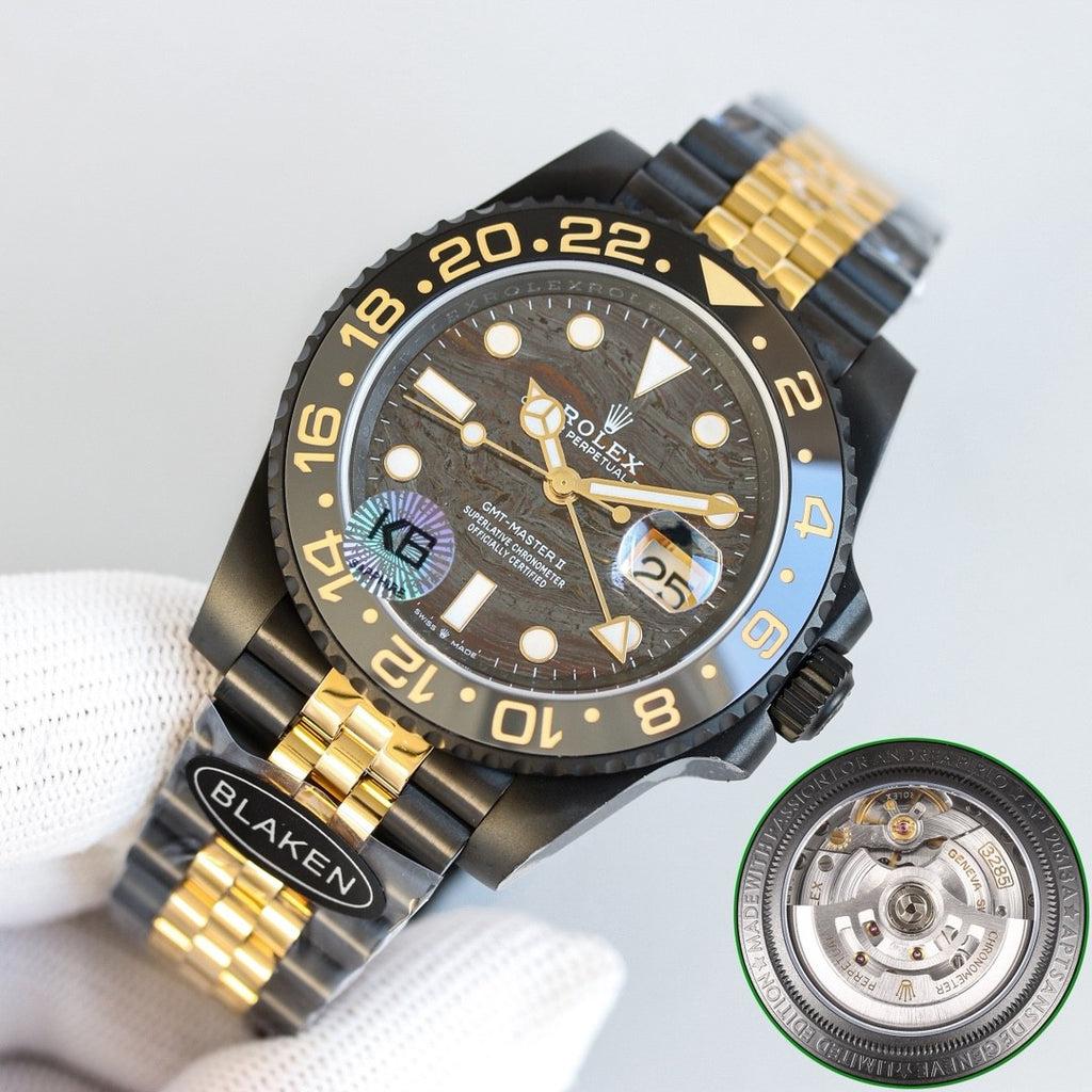 롤렉스 GMT-마스터 II 블랙 옐로우골드 40mm 타이거아이언 커스텀